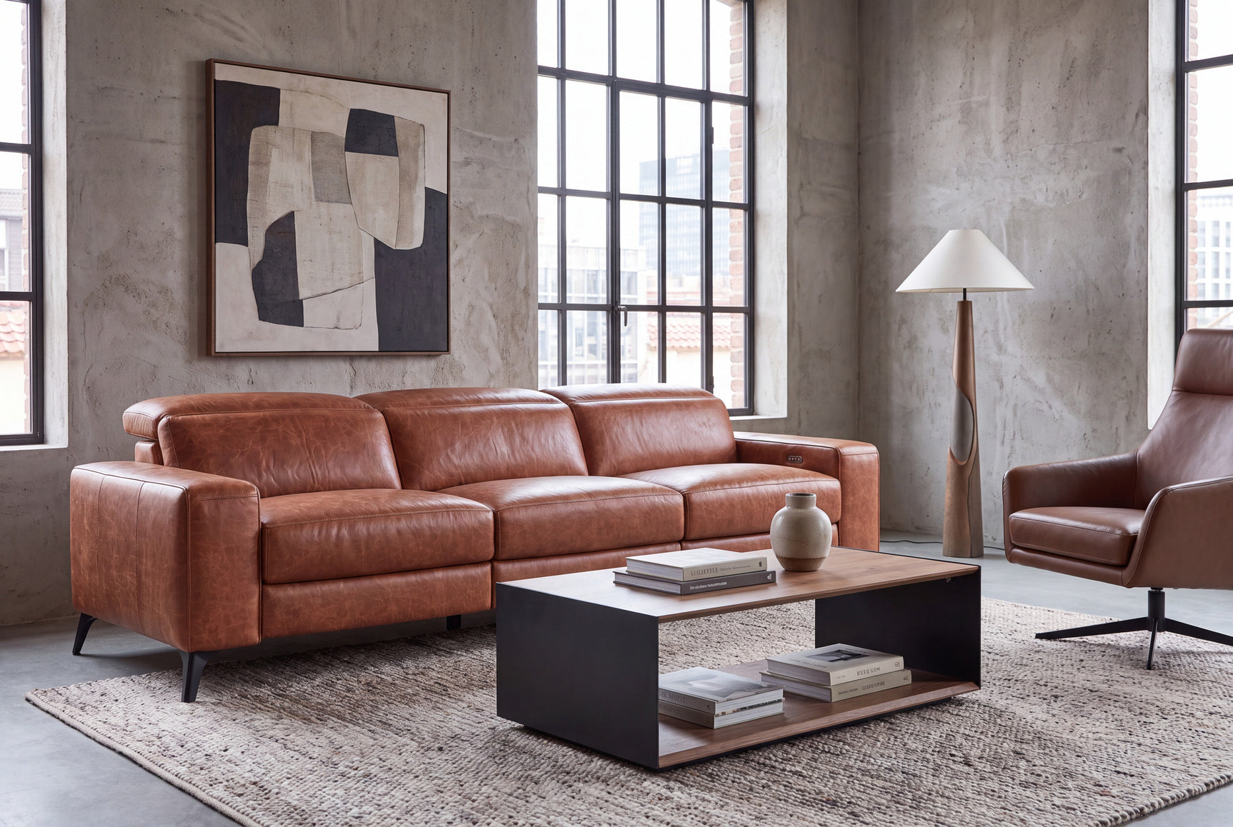 Esther Distressed Italian Aniline Leather Power Dual Recliner Sofa