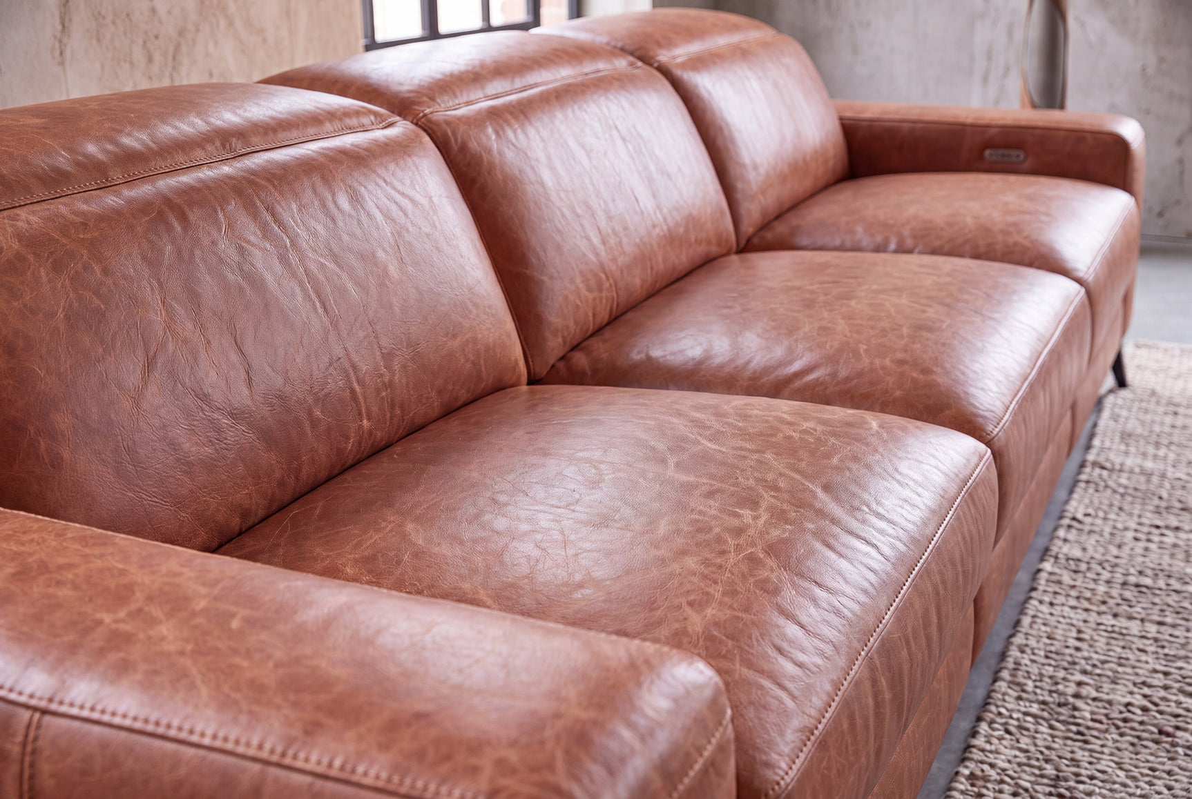 Esther Distressed Italian Aniline Leather Power Dual Recliner Sofa