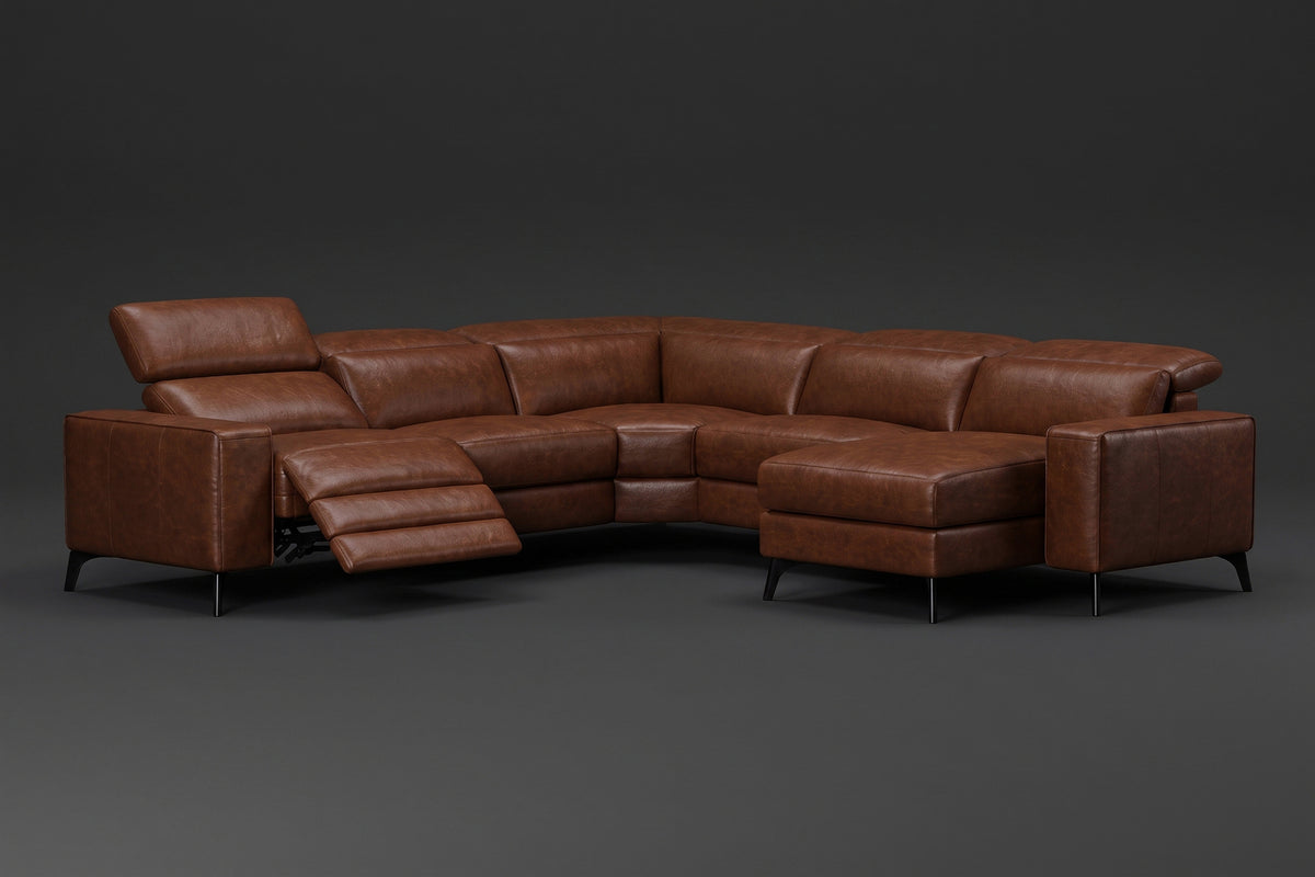 Esther Distressed Italian Aniline Leather Corner Recliner Sectional Sofa