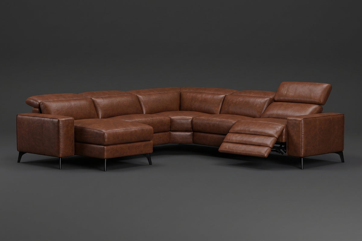 Esther Distressed Italian Aniline Leather Corner Recliner Sectional Sofa