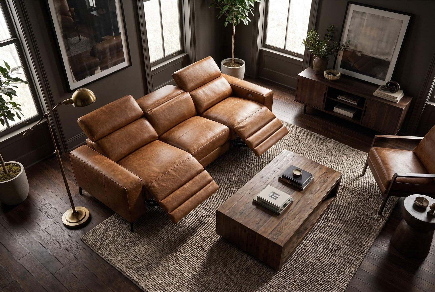 Esther Distressed Italian Aniline Leather Power Dual Recliner Sofa