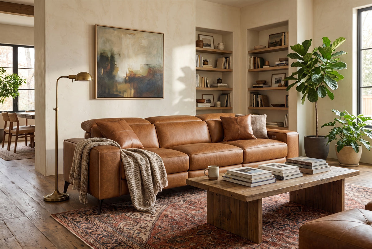 Esther Distressed Italian Aniline Leather Power Dual Recliner Sofa