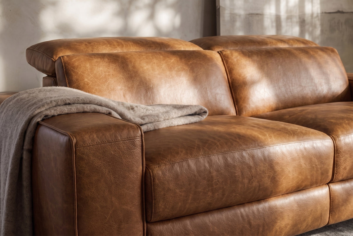 Esther Distressed Italian Aniline Leather Power Dual Recliner Sofa