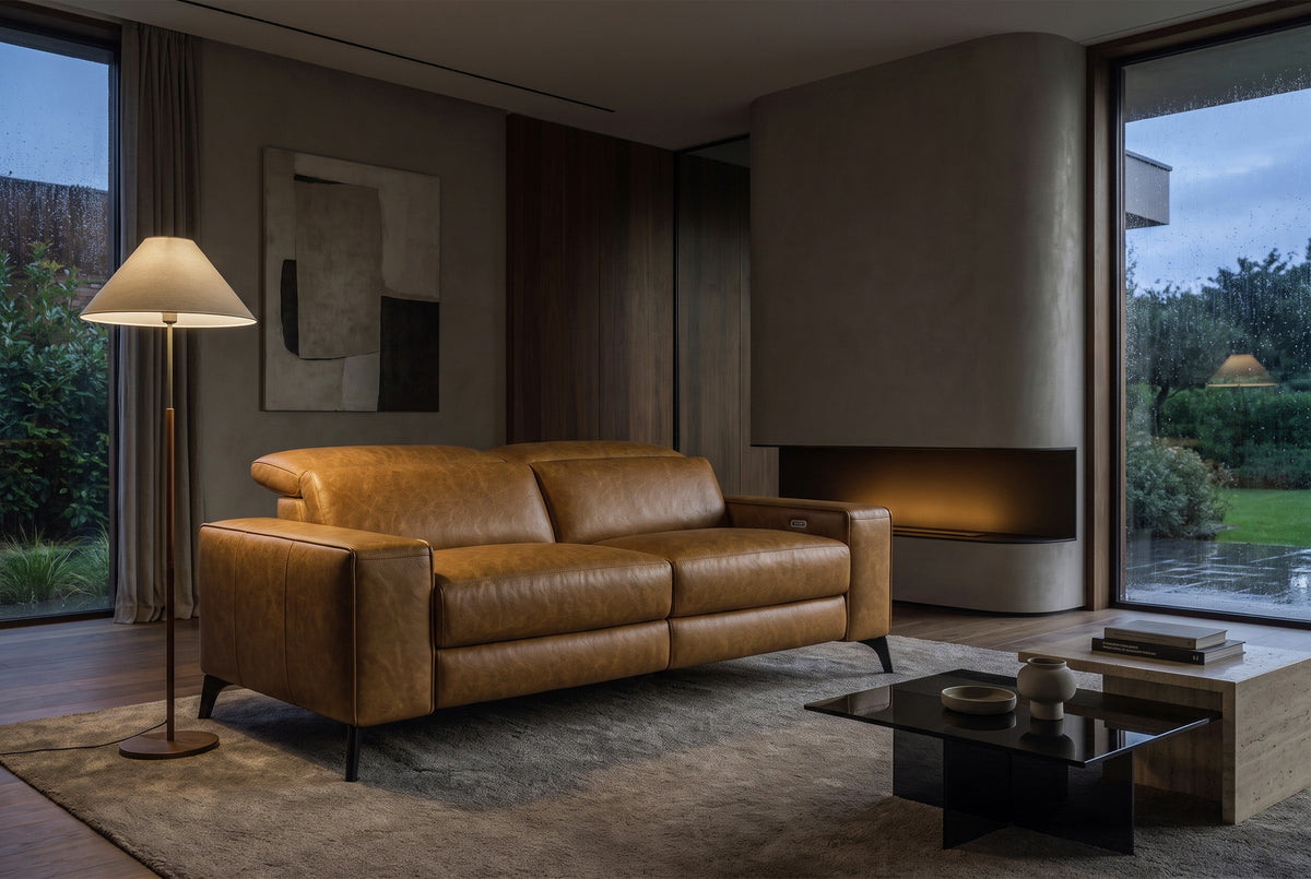 Esther Distressed Italian Aniline Leather Power Dual Recliner Sofa
