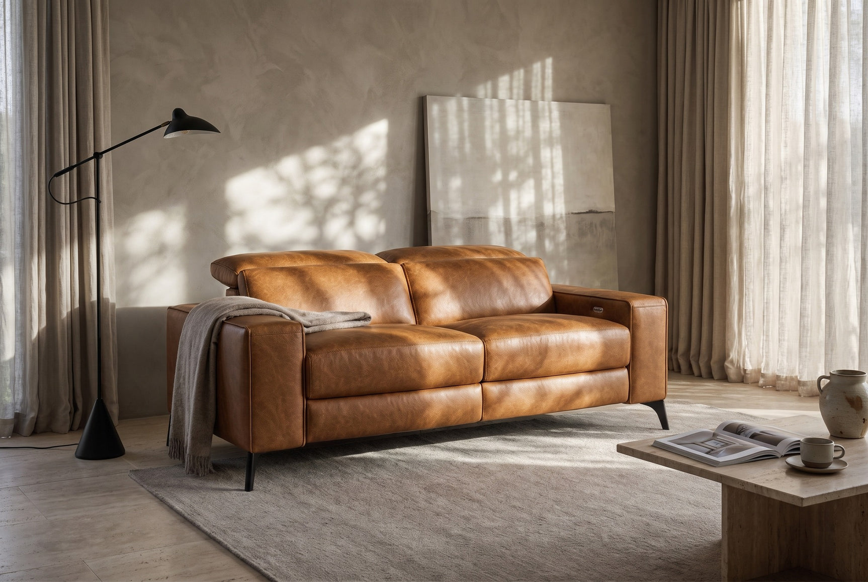 Esther Distressed Italian Aniline Leather Power Dual Recliner Sofa