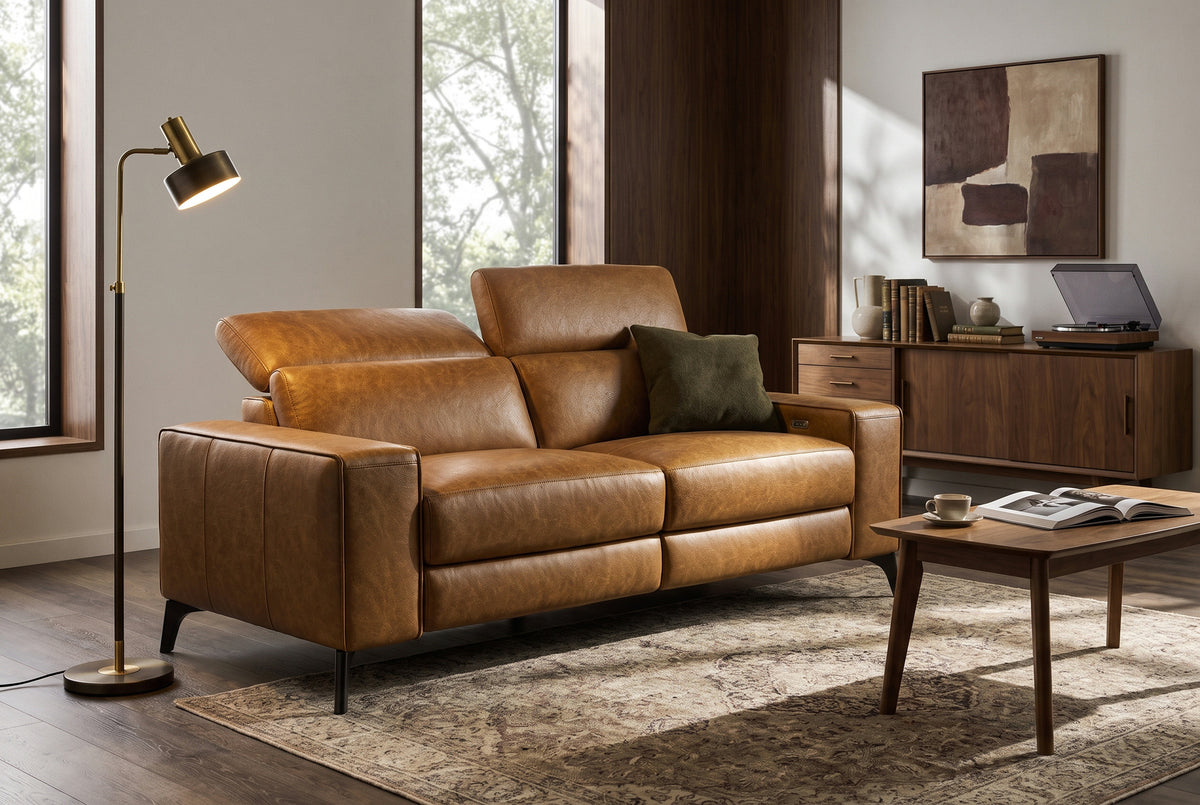 Esther Distressed Italian Aniline Leather Power Dual Recliner Sofa