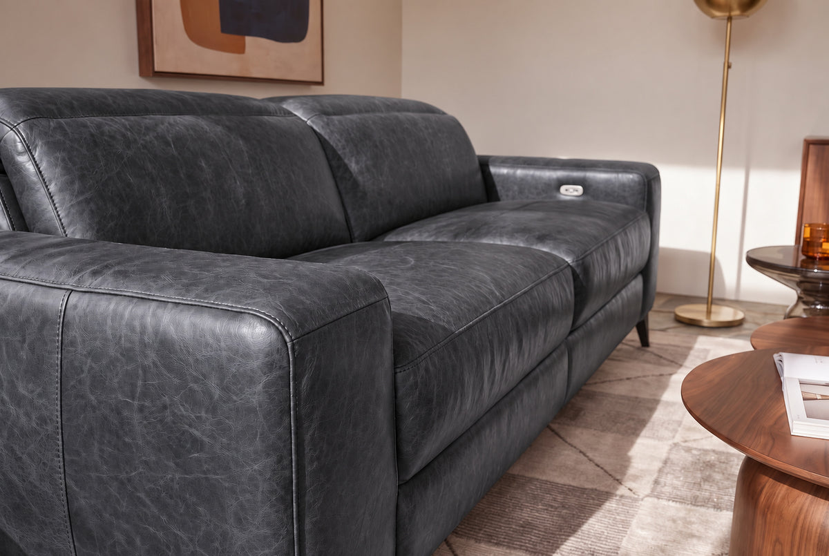 Esther Distressed Italian Aniline Leather Power Dual Recliner Sofa
