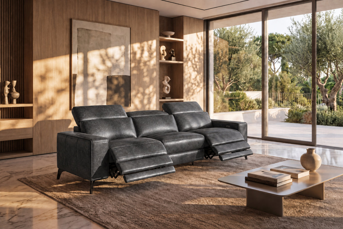 Esther Distressed Italian Aniline Leather Power Dual Recliner Sofa