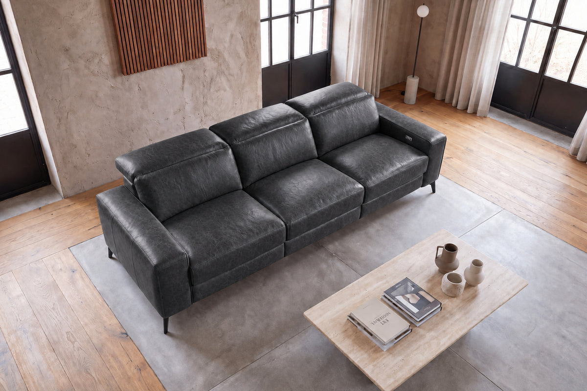 Esther Distressed Italian Aniline Leather Power Dual Recliner Sofa