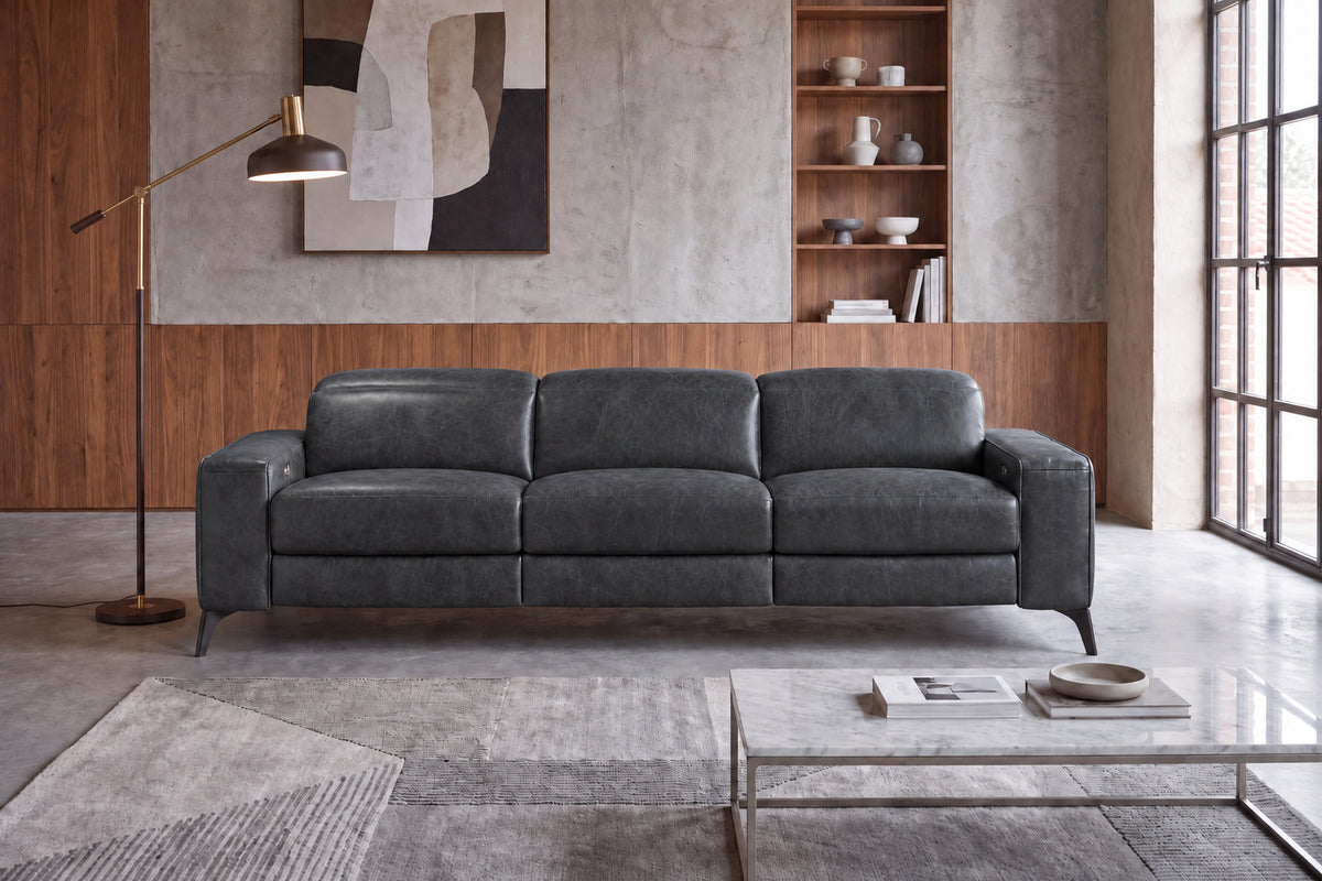 Esther Distressed Italian Aniline Leather Power Dual Recliner Sofa