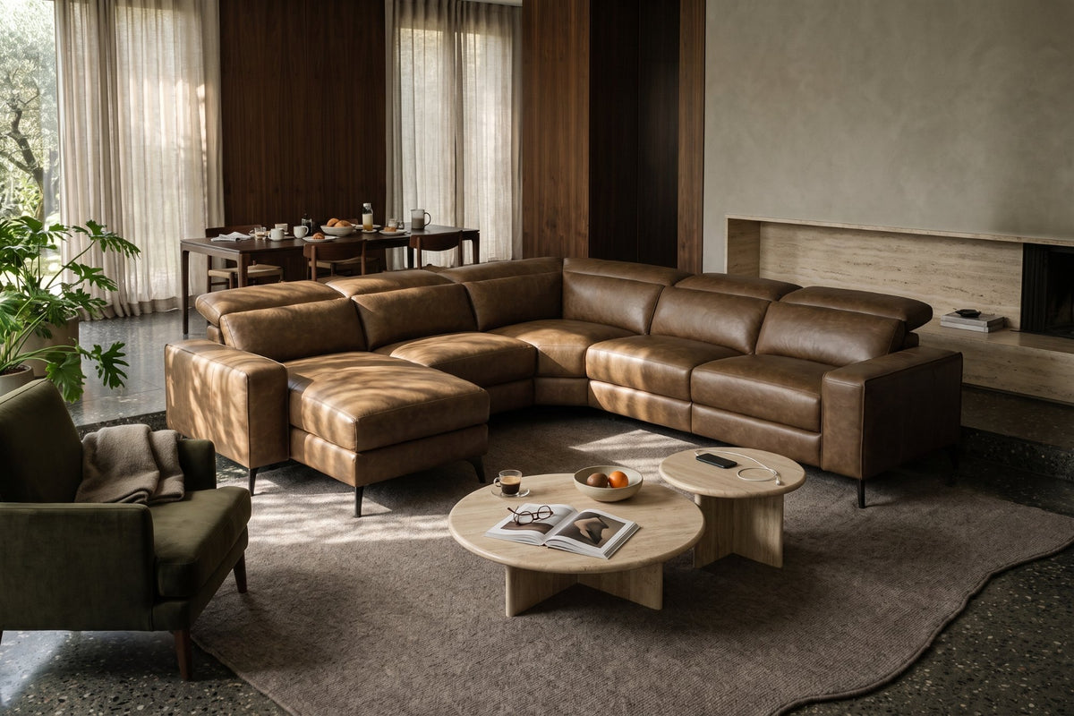 Esther Distressed Italian Aniline Leather Corner Recliner Sectional Sofa