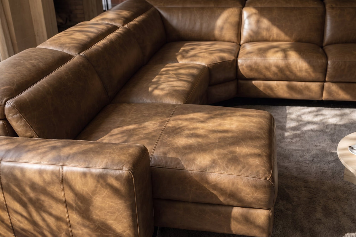 Esther Distressed Italian Aniline Leather Corner Recliner Sectional Sofa