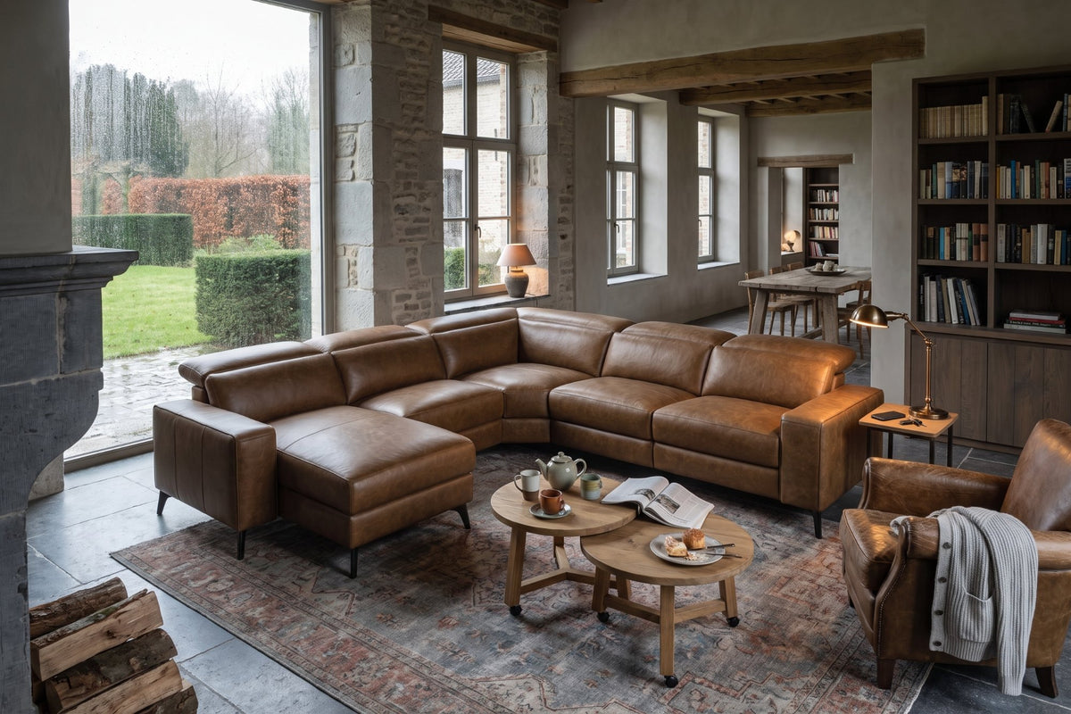 Esther Distressed Italian Aniline Leather Corner Recliner Sectional Sofa