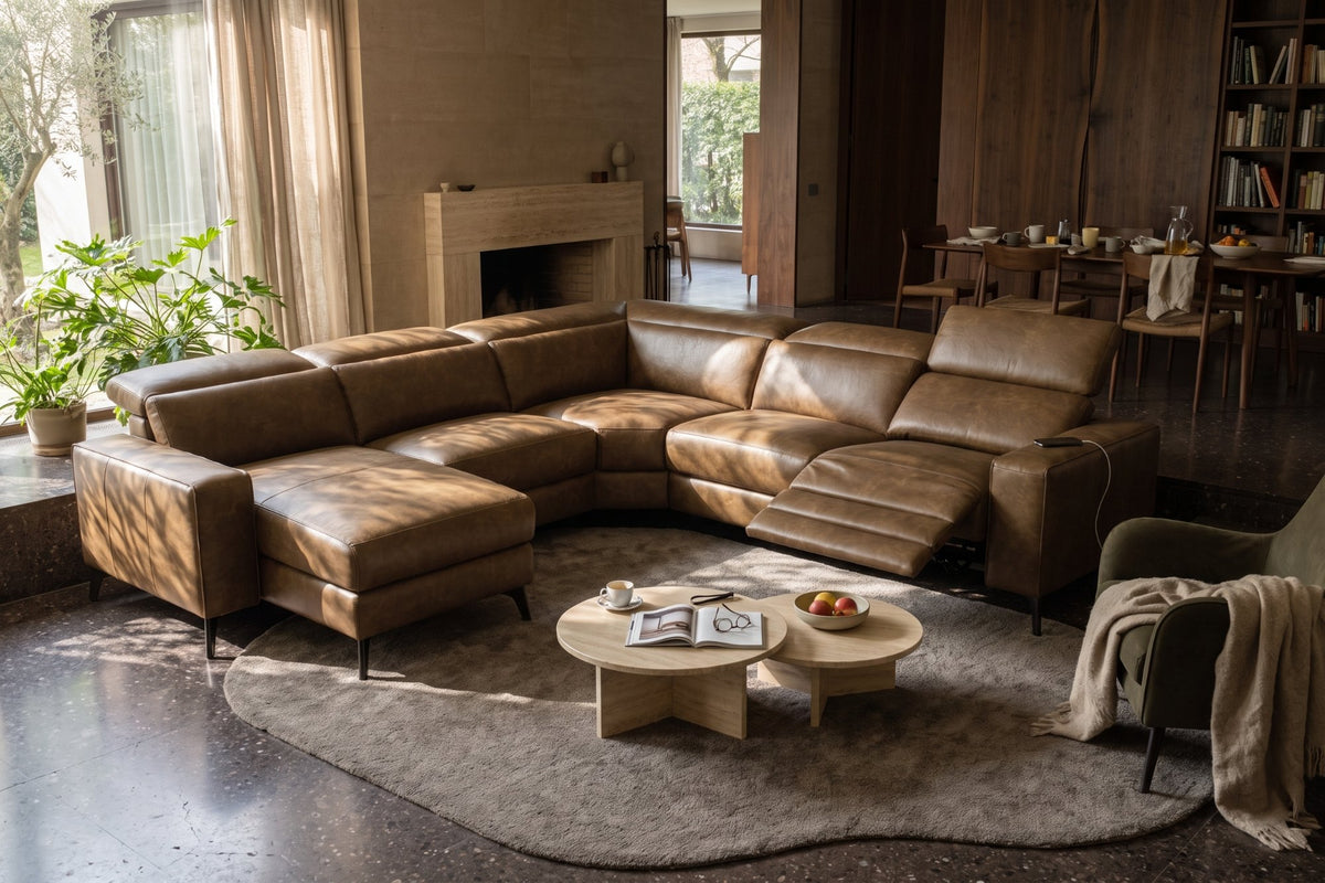 Esther Distressed Italian Aniline Leather Corner Recliner Sectional Sofa