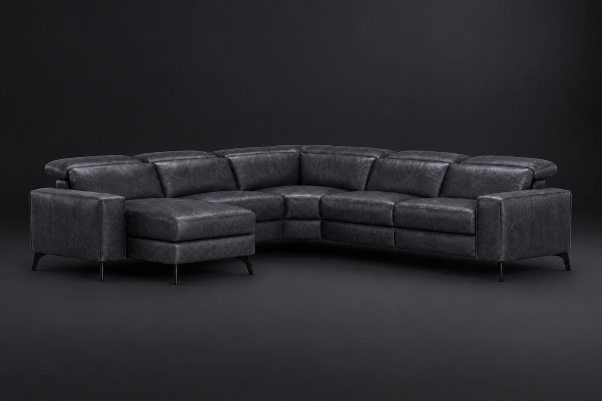 Esther Distressed Italian Aniline Leather Corner Recliner Sectional Sofa