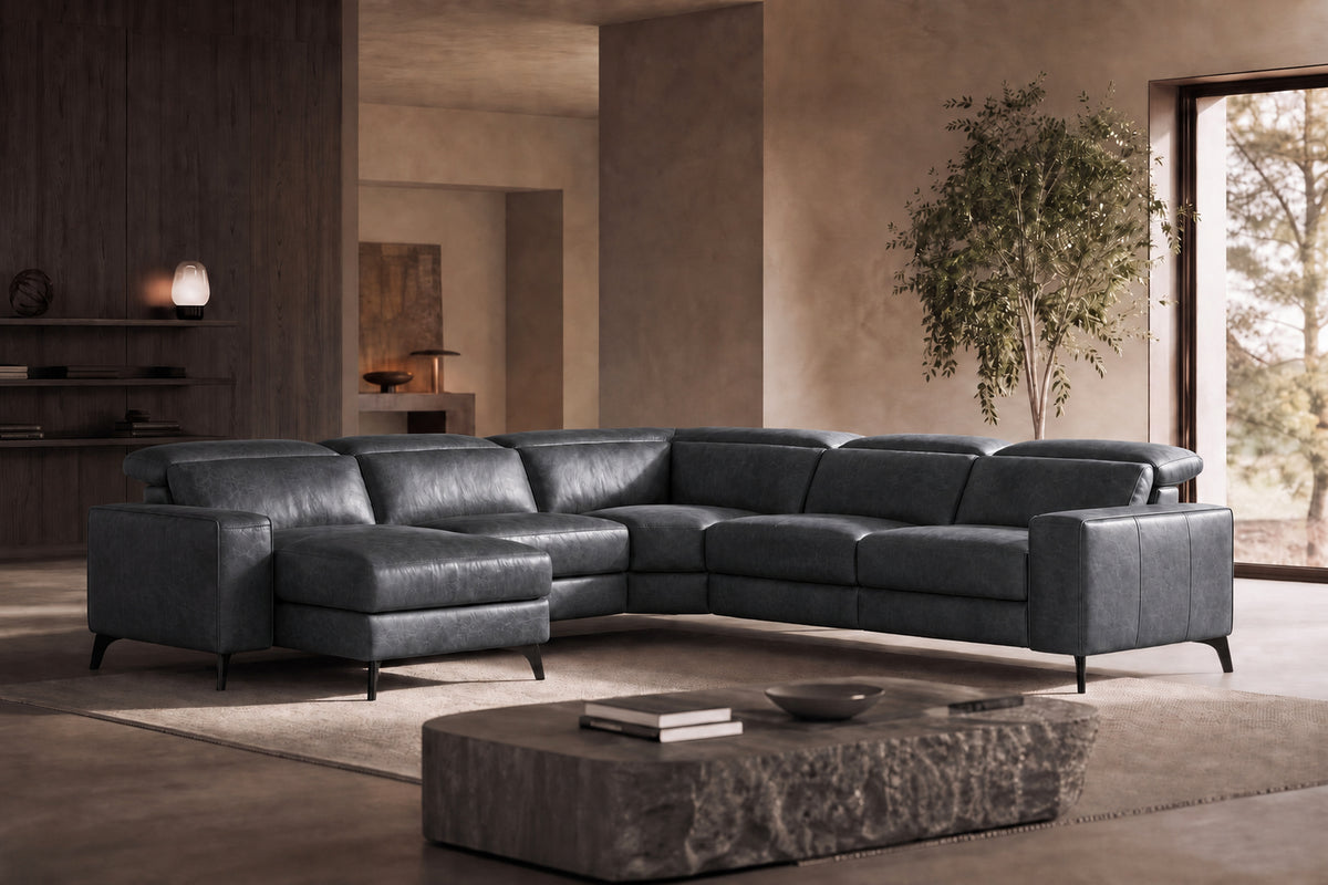 Esther Distressed Italian Aniline Leather Corner Recliner Sectional Sofa