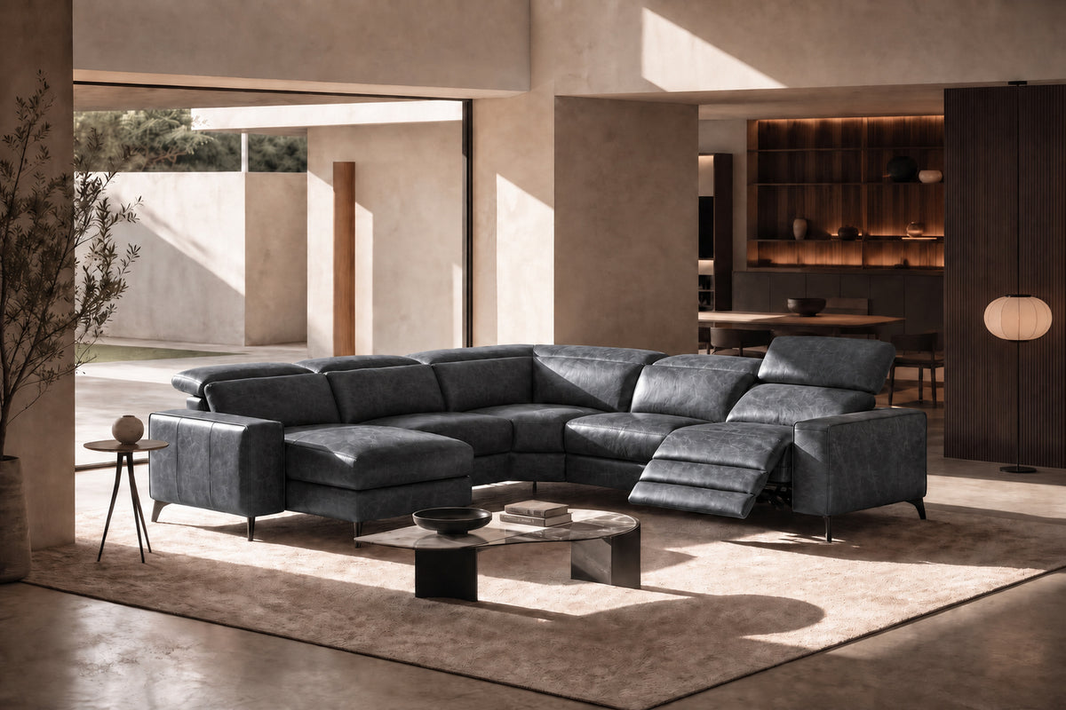 Esther Distressed Italian Aniline Leather Corner Recliner Sectional Sofa