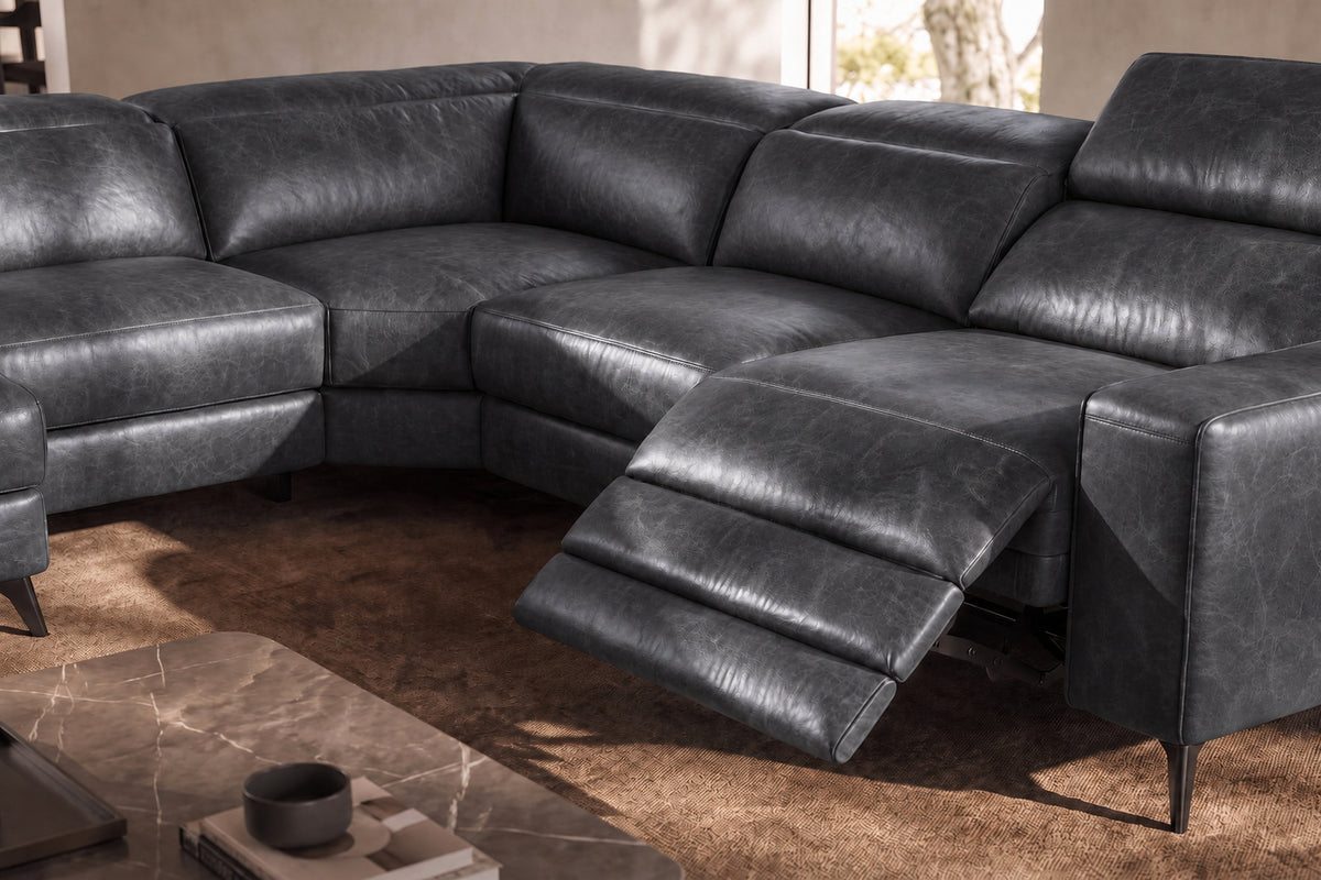 Esther Distressed Italian Aniline Leather Corner Recliner Sectional Sofa
