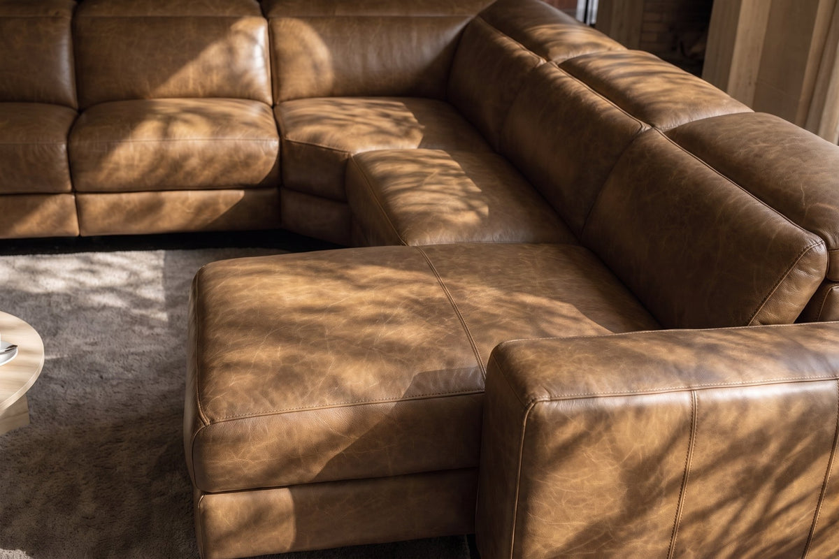 Esther Distressed Italian Aniline Leather Corner Recliner Sectional Sofa