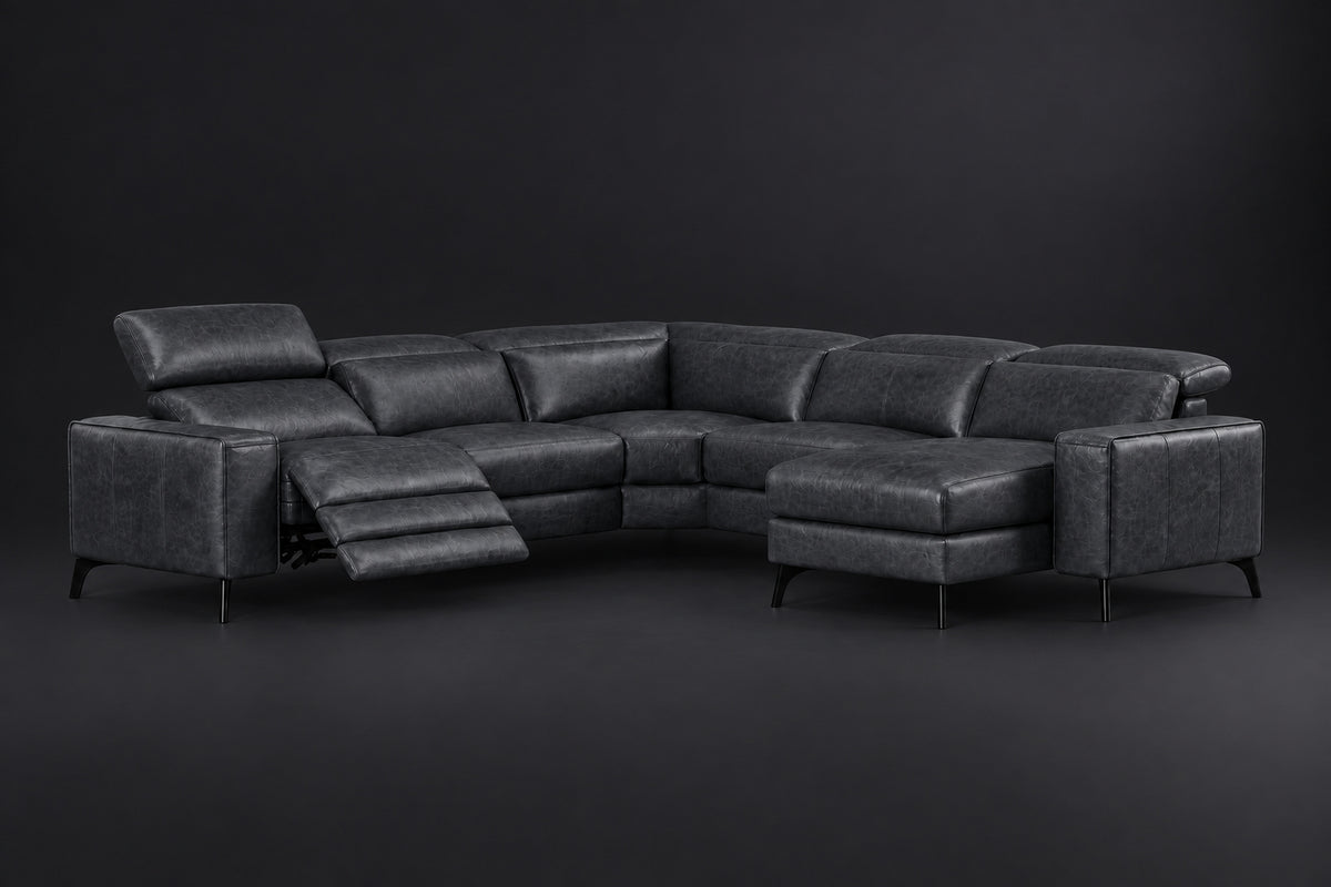 Esther Distressed Italian Aniline Leather Corner Recliner Sectional Sofa