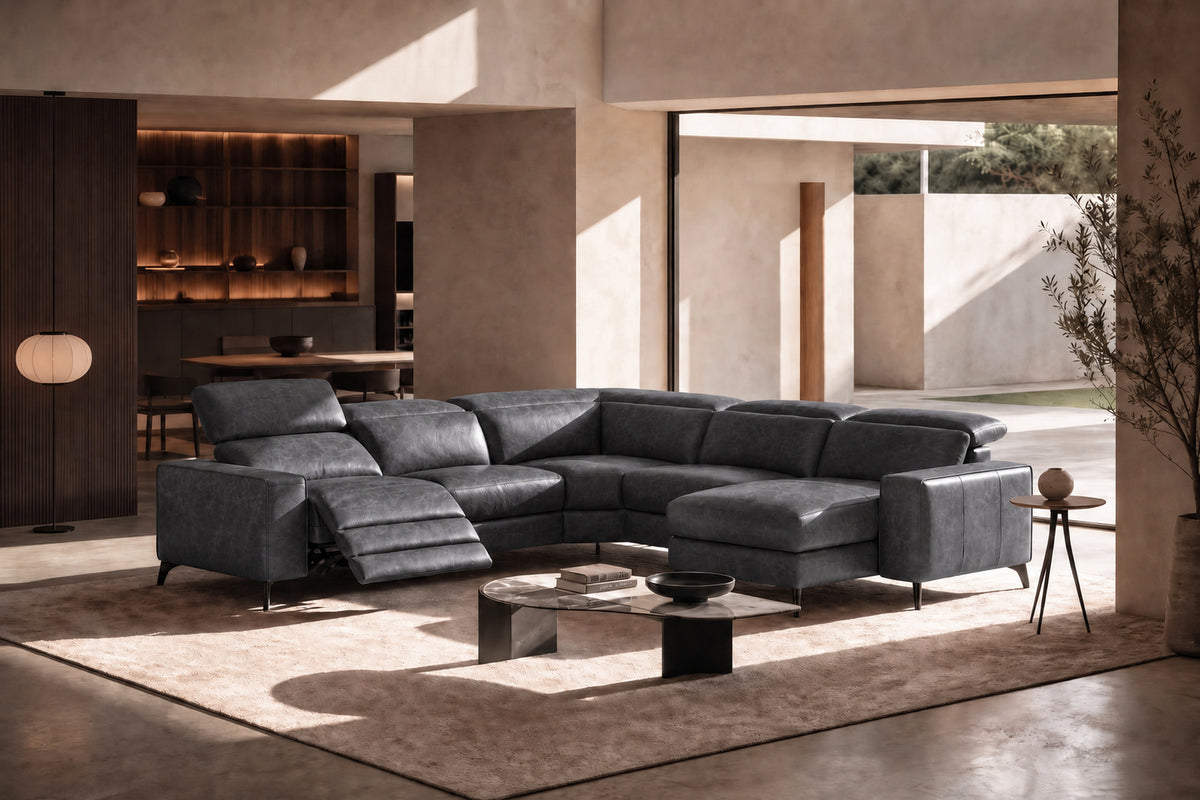 Esther Distressed Italian Aniline Leather Corner Recliner Sectional Sofa
