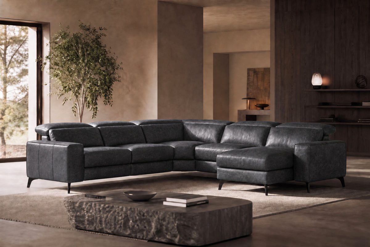 Esther Distressed Italian Aniline Leather Corner Recliner Sectional Sofa
