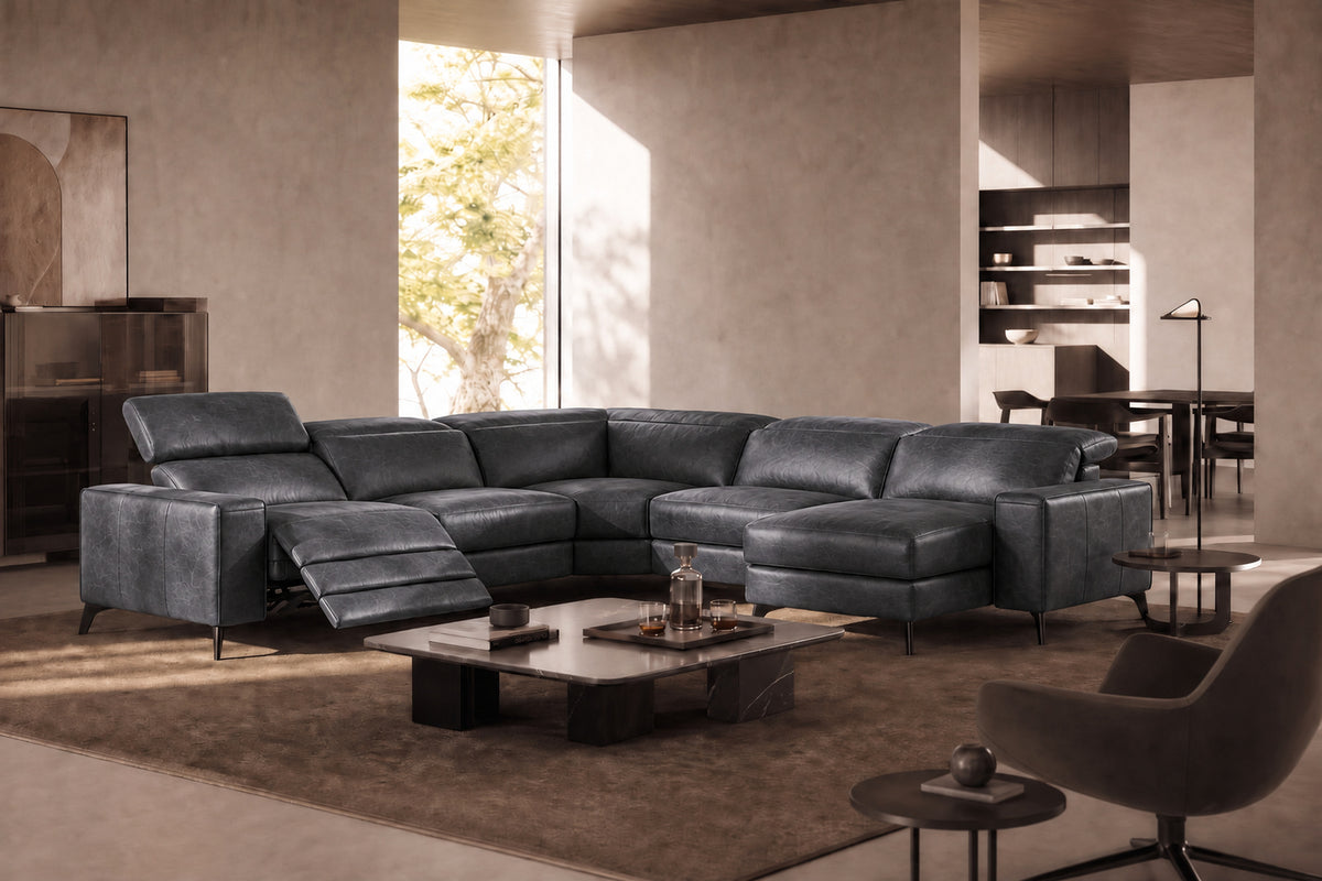 Esther Distressed Italian Aniline Leather Corner Recliner Sectional Sofa