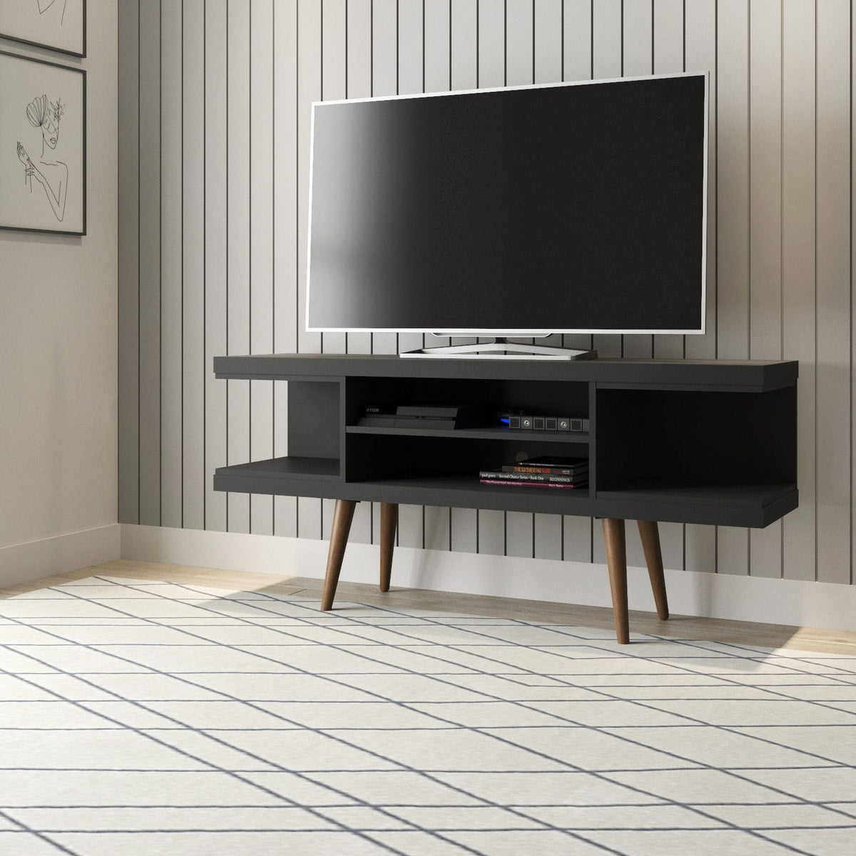 Eureka Modern 53.14" TV Stand with 4 Shelves - Black/Maple Cream