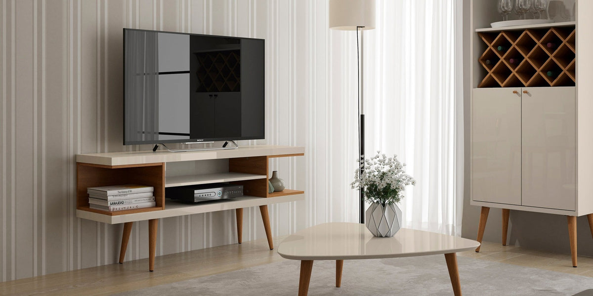 Eureka Modern 53.14" TV Stand with 4 Shelves - Off White Gloss/Maple Cream