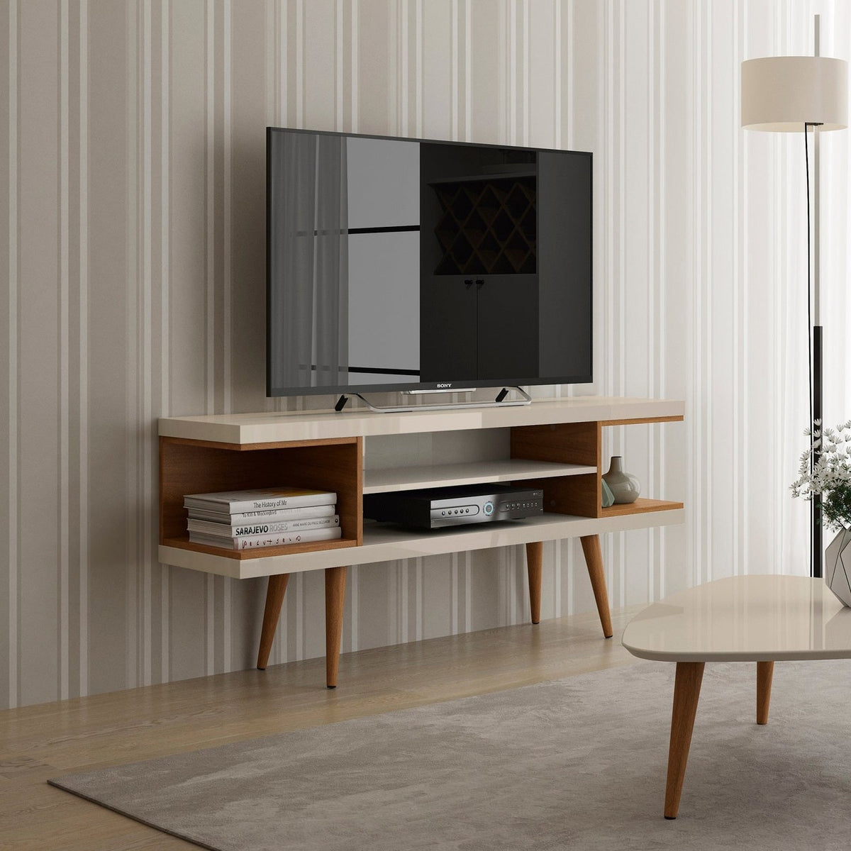 Eureka Modern 53.14" TV Stand with 4 Shelves - Off White Gloss/Maple Cream