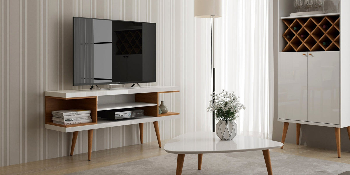 Eureka Modern 53.14" TV Stand with 4 Shelves - White Gloss/Maple Cream