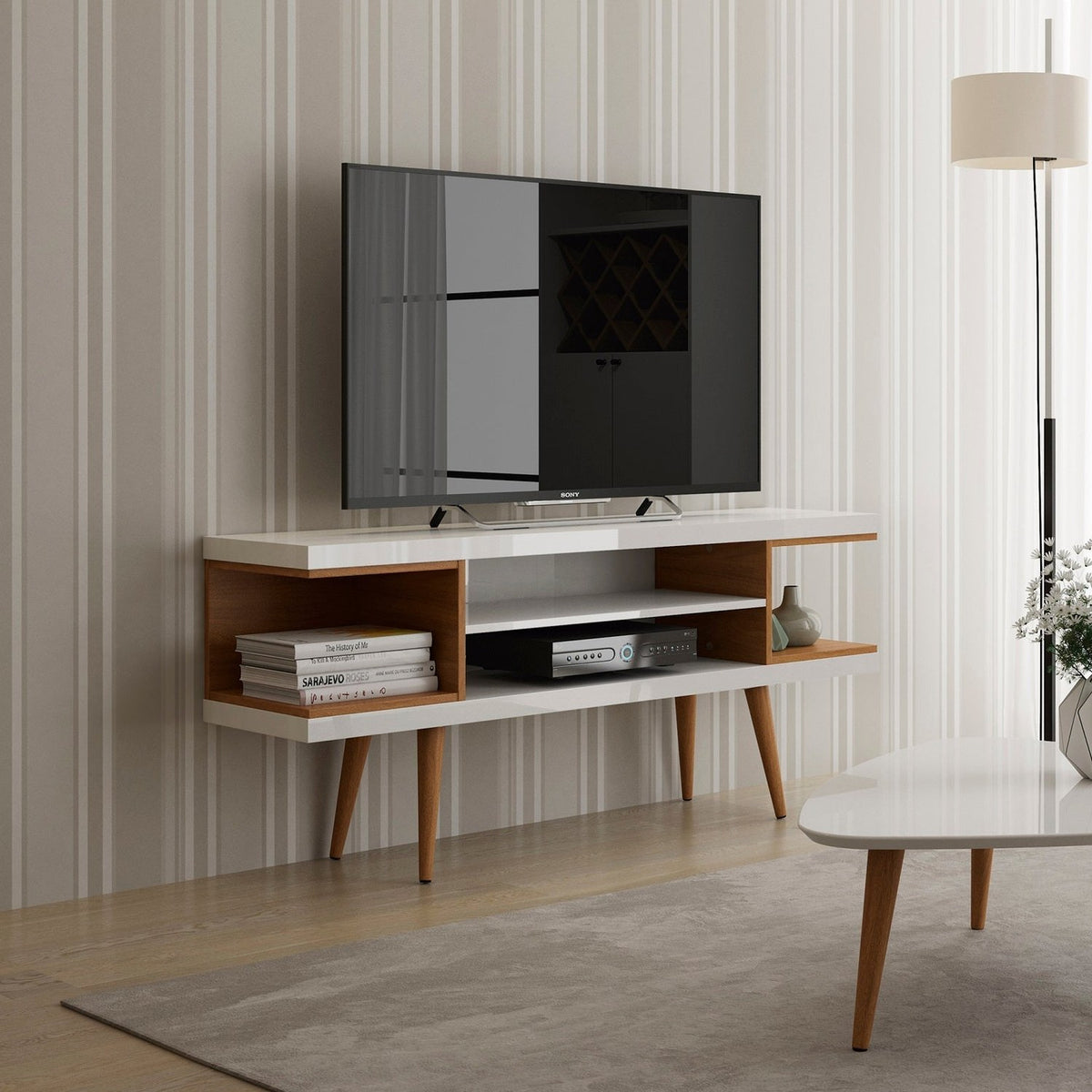 Eureka Modern 53.14" TV Stand with 4 Shelves - White Gloss/Maple Cream