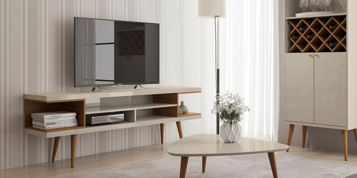 Eureka Modern 70.47" TV Stand with 4 Shelves - Off White Gloss/Maple Cream