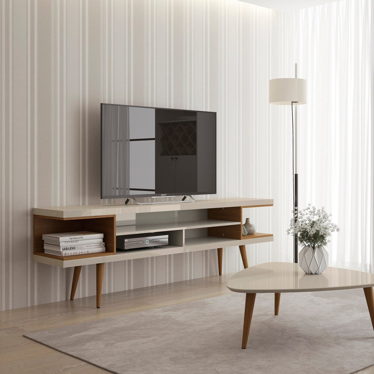 Eureka Modern 70.47" TV Stand with 4 Shelves - Off White Gloss/Maple Cream