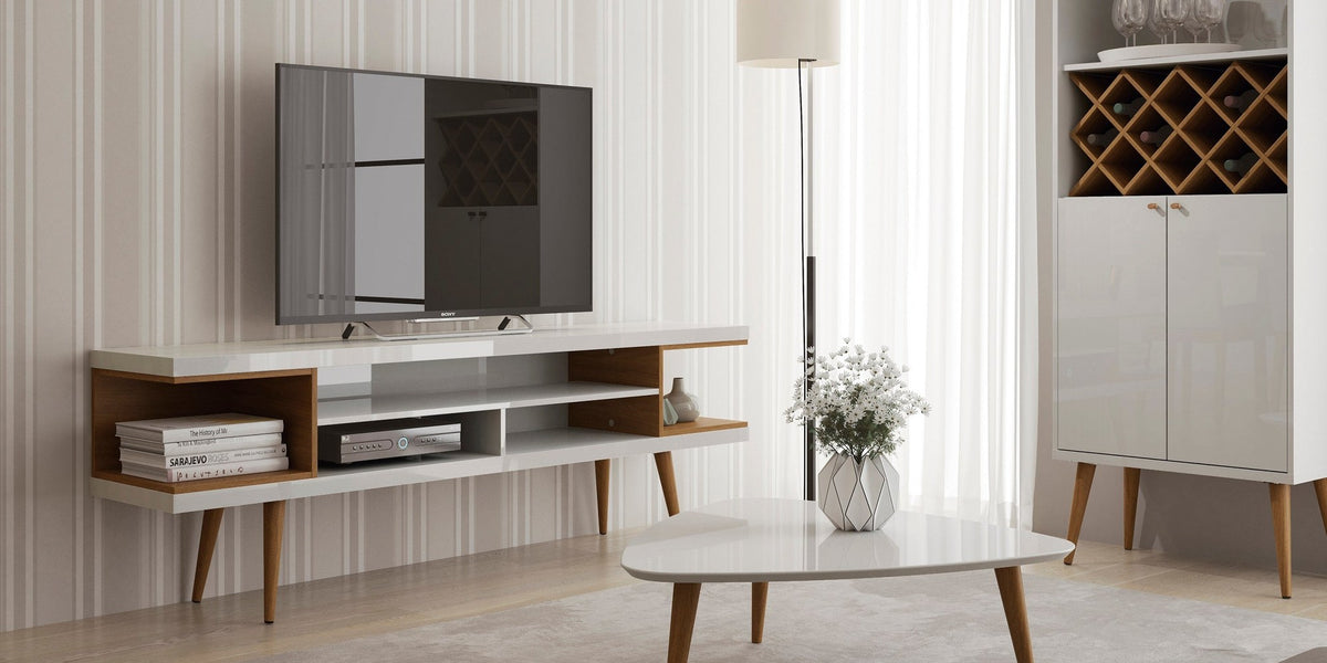 Eureka Modern 70.47" TV Stand with 4 Shelves - White Gloss/Maple Cream