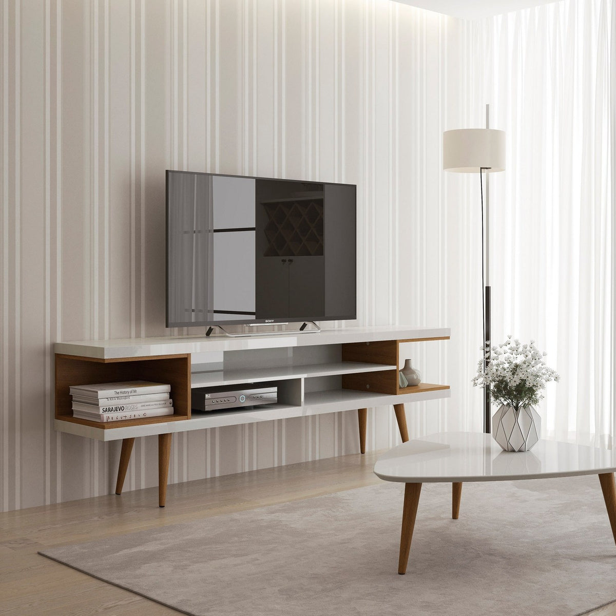 Eureka Modern 70.47" TV Stand with 4 Shelves - White Gloss/Maple Cream
