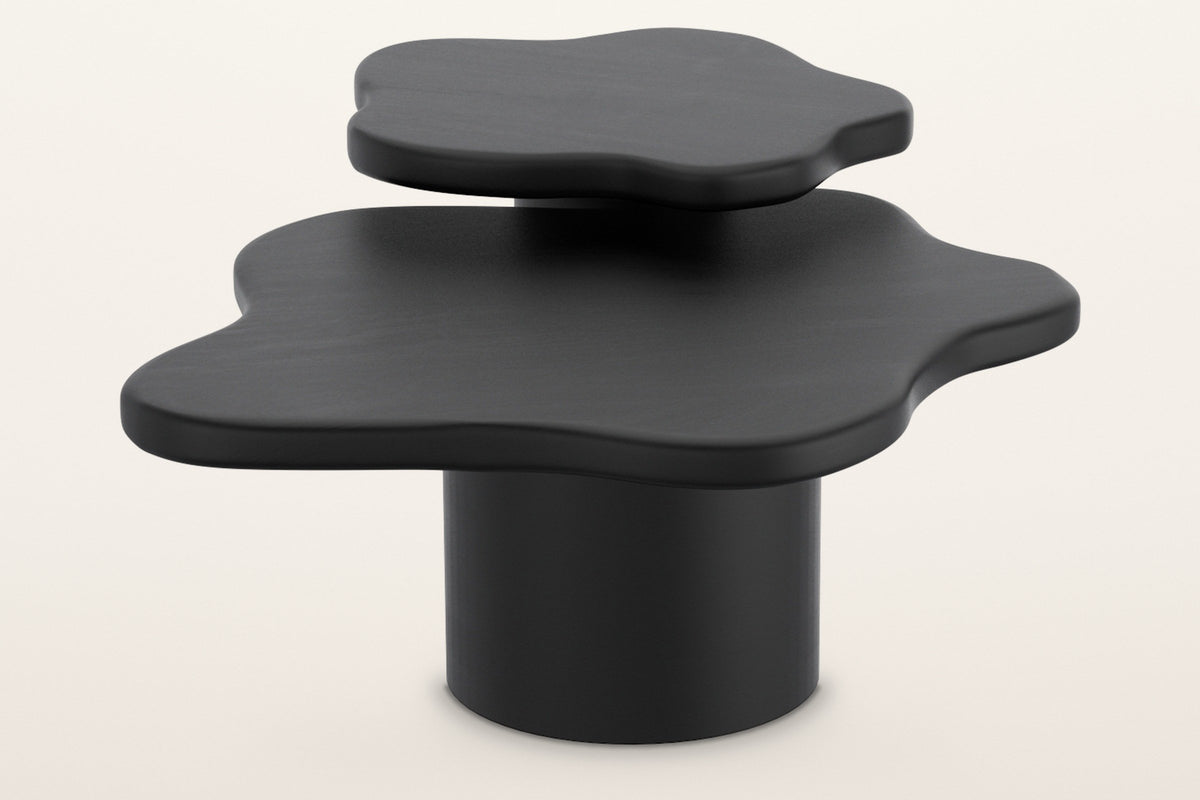 Exilles black coffee table set seen from the front: the small table's top rises over the large table's top