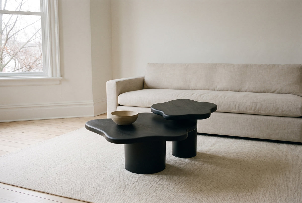 Exilles black cloud coffee tables, the smaller one overlapping the larger, on a wool rug in front of a linen sofa in a Halifax living room