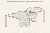 Exilles dimensions: Large 35.5 in across and 15.75 in high, Small 27 x 25.5 in and 19 in high, tops about 2 in thick