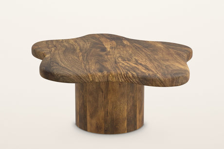 Exilles large cloud coffee table in walnut-stained mango wood on a staved round drum, on a warm white studio backdrop