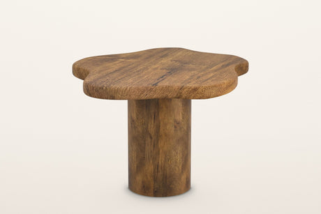 Exilles small cloud table in walnut-stained mango wood, 19 in high on a slim staved drum, on a warm white studio backdrop