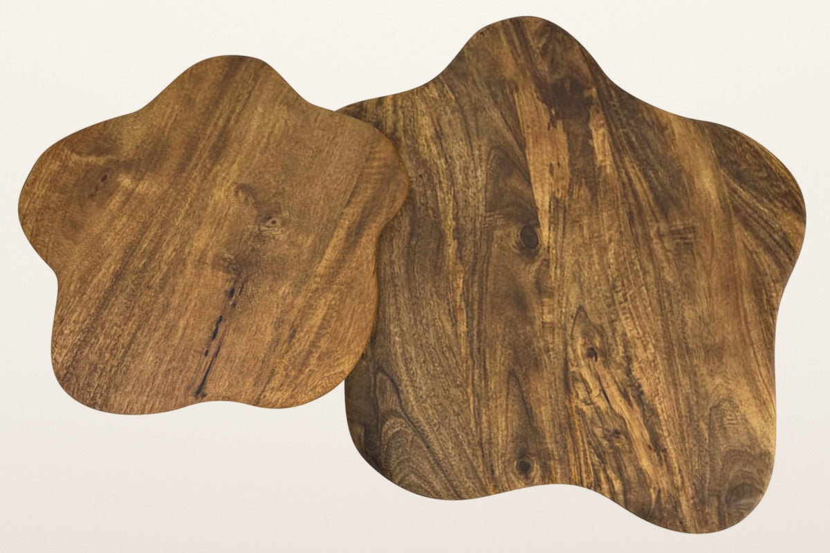The two Exilles tops in walnut-stained mango seen from above: irregular cloud outlines and swirling grain
