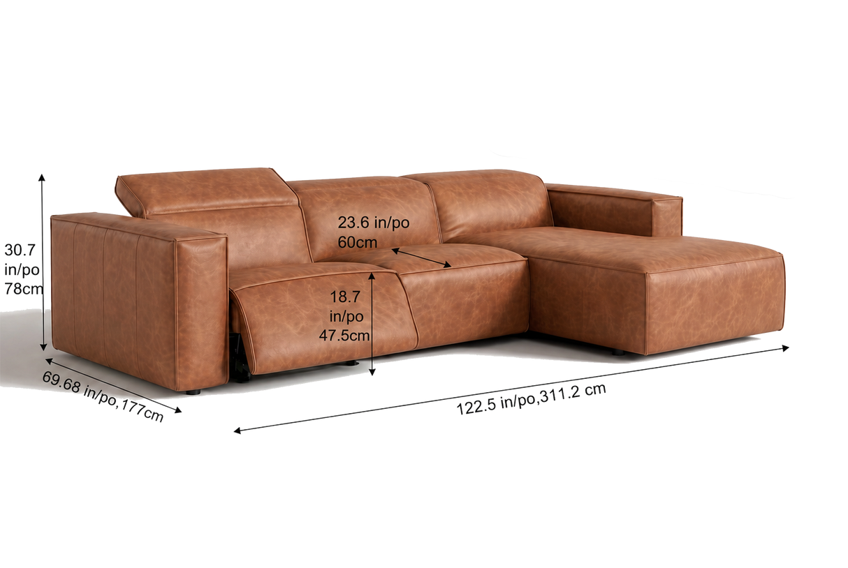 Emery Distressed Italian Aniline Leather Recliner Sectional Sofa