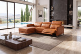 Andria cognac leather reclining sectional in a modern lounge with floor-to-ceiling pool views