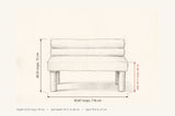 Fabriano bench dimensions: 45.67 in wide, 28.35 in high, seat 18.11 in high, 23.23 in deep