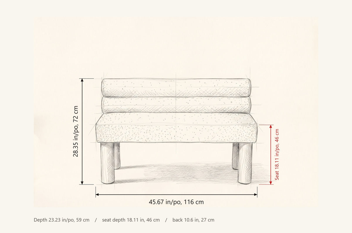 Fabriano bench dimensions: 45.67 in wide, 28.35 in high, seat 18.11 in high, 23.23 in deep