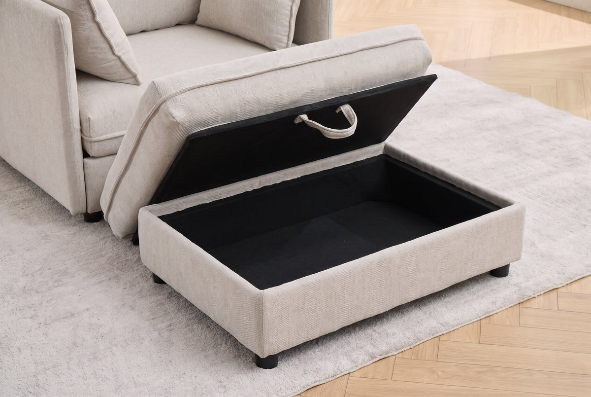 The Faenza ottoman with its lid lifted: a black-lined storage compartment and a fabric pull loop