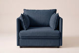 Faenza chair in blue chenille, straight front view: slim flat arms, one back cushion and two throw pillows
