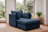 Faenza ottoman pushed against the blue chenille chair to make a lounger