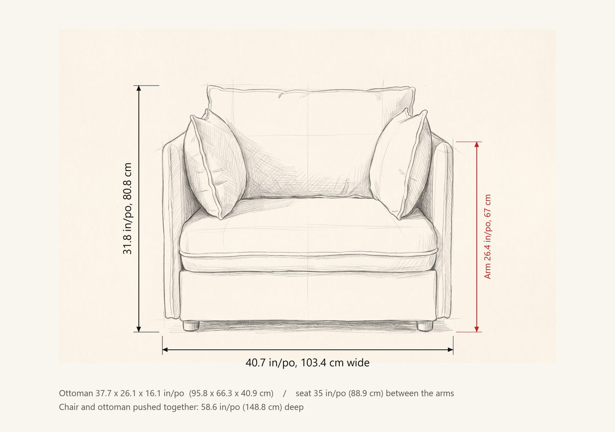 Faenza dimensions: 40.7 in wide, 31.8 in high, arm 26.4 in; ottoman 37.7 x 26.1 x 16.1 in; 58.6 in deep pushed together
